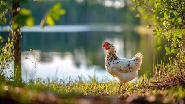 A white speckled chicken stands on the grassy lakeshore beside a calm pond, bathed in warm sunlight Concept Lakeside chicken portrait, Golden hour sunlight, Grassy shore with calm pond