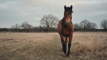 A brown horse walking toward the camera down a dirt path through a dry field with bare trees in the background. Concept Brown horse portrait, Dirt path field, Bare trees backdrop, Moody rural scene