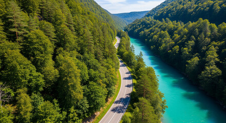 Aerial drone view of a curving road running alongside a bright turquoise river with dense green trees forming a natural forest corridor in vibrant daylight