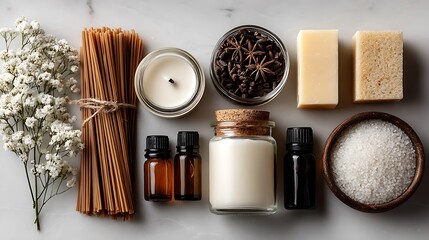 Overhead shot of natural spa ingredients including soap, essential oils, candle, bath salts, and dried flowers arranged on a marble surface for wellness concept