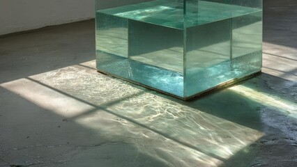 A glass cube filled with water sits on a concrete floor, sunlight casting rippling reflections on the ground. Concept Glass cube, water reflections, sunlight refraction, concrete floor