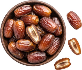 Obraz premium A rustic wooden bowl filled with ripe glistening dates some halved with whole dates scattered around on a dark background fruit dried fruit healthy food