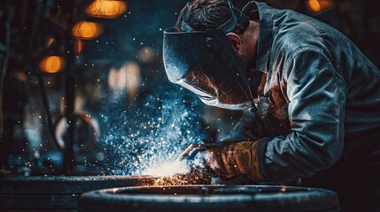 A welder in protective gear works on metal, creating sparks and bright light in a workshop, showcasing craftsmanship and industrial skill.