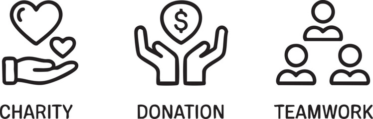 Volunteer Donation and Partnership Black Line Icons Support and Social Help Concept