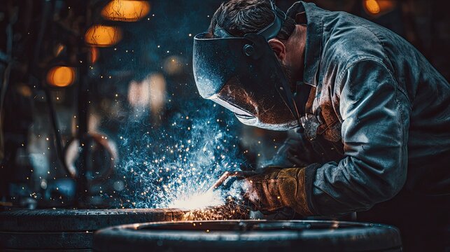 A welder in protective gear works on metal, creating sparks and bright light in a workshop, showcasing craftsmanship and industrial skill.