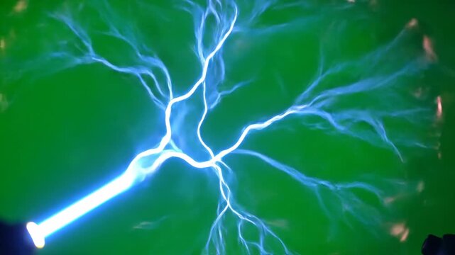 Lichtenberg Figure on Green Background - video shows a lichtenberg figure, a branched electric discharge pattern, spreading across a green surface.