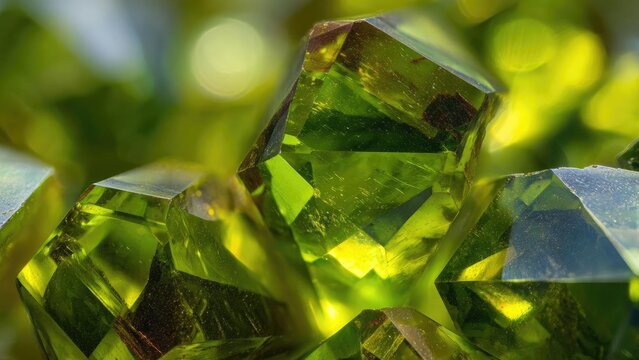 Close-up of bright green faceted crystals sparkling in light, resembling emeralds or peridot. Concept Macro shot of green crystals, Emerald- and peridot-inspired gems, Sparkling gemstone textures - Powered by Adobe