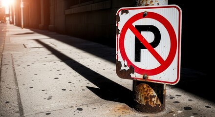 Prohibition Sign, Rusty Post, And Sidewalk Casts A Long Shadow Under The Urban Sunlight