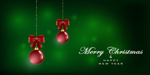 Greeting card with red christmas balls and red baws on green blured background.New year them. Vector illustration.