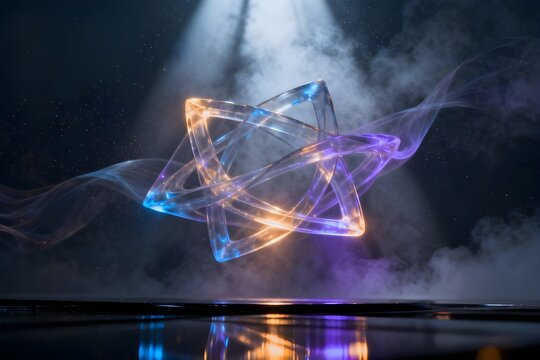 Dynamic abstract star-shaped structure with vibrant blue, orange, and purple light against a dark, smoky background.