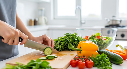 Hands preparing a fresh, healthy salad with vibrant vegetables in a bright kitchen.
