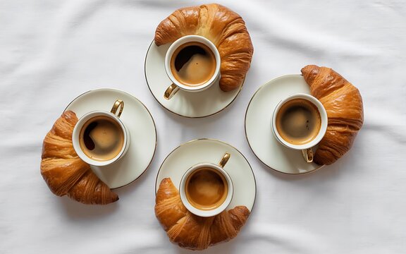 Overhead shot of four croissants and coffee cups on white fabric