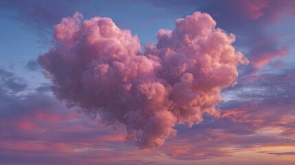 Romantic pink cloud shaped like a heart floating in a vibrant sunset sky with shades of purple, orange, and blue, evoking feelings of love and serenity