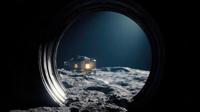 A futuristic lunar lander rests on a cratered Moon surface, seen through a circular window against a starry blue space backdrop. Concept Futuristic Lunar Lander, Cratered Moon Surface