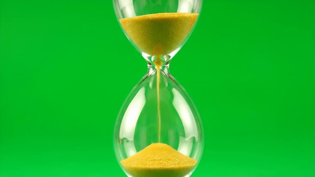 Hourglass Time Lapse on Green Screen - This close-up shot features an hourglass with yellow sand flowing through it, set against a vibrant green screen background.