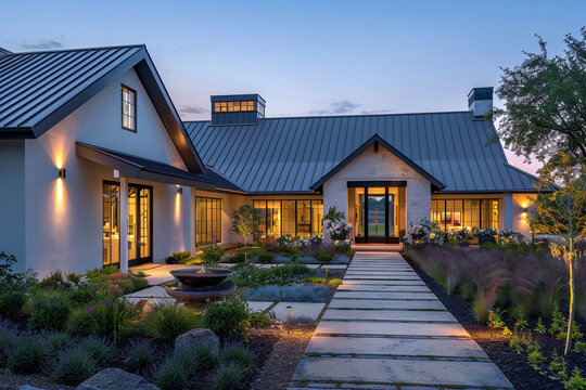 Luxurious modern farmhouse at dusk with an elegant metal roof and inviting front yard garden. Soft lighting enhances the architectural lines and tranquil evening mood.