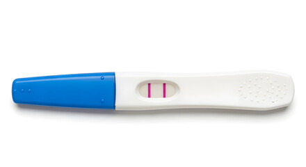 Positive pregnancy test showing two clear magenta lines, indicating a new life and parenthood. Isolated on a pristine white background, symbolizing hope, confirmation, and family planning.