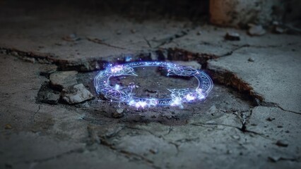 A glowing blue magic circle with runes etched on cracked concrete ground. Concept Glowing blue magic circle, Rune inscriptions etched, Cracked concrete ground, Arcane energy glow, Mystic glyphs