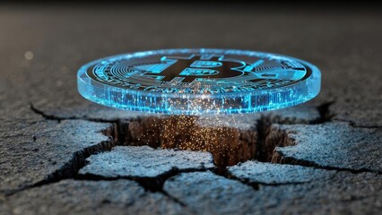 Glowing blue crypto coin hovering above a cracked road, sparks showering from a fissure in the ground. Concept Crypto Neon, Floating Coin, Cracked Road, Sparks and Fissures, Futuristic Urban Scene