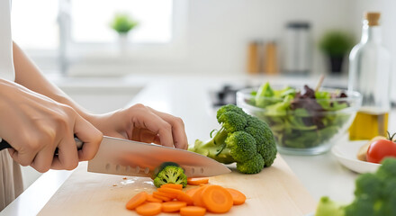 Person hands chopping fresh broccoli and carrots on wooden board for healthy meal preparation in kitchen