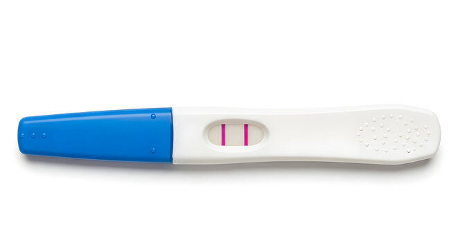 Positive pregnancy test showing two clear magenta lines, indicating a new life and parenthood. Isolated on a pristine white background, symbolizing hope, confirmation, and family planning. - Powered by Adobe
