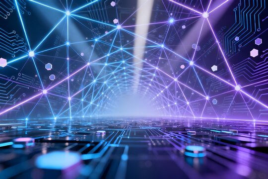 Futuristic digital network tunnel with glowing connections and circuit board elements.