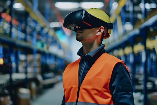 Man wearing safety vest and hard hat using virtual reality headset in industrial factory