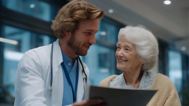 Medical professional explaining laboratory results to elderly patient, who reacts with visible gratitude and comfort, symbolizing compassionate care, medical reassurance, and emotional support