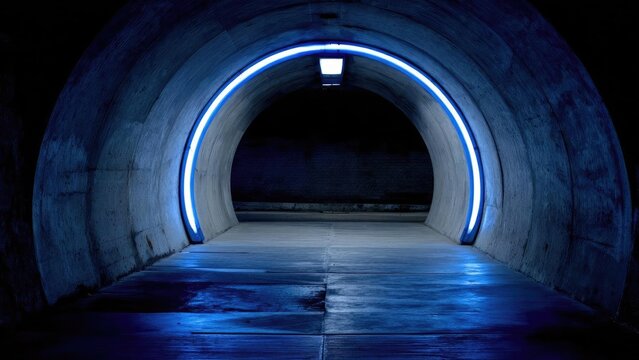 Concrete circular tunnel lit by a blue neon ring, leading into darkness. Concept Blue neon tunnel, Circular concrete architecture, Dramatic leading lines, Dark moody atmosphere, Neon glow and shadows