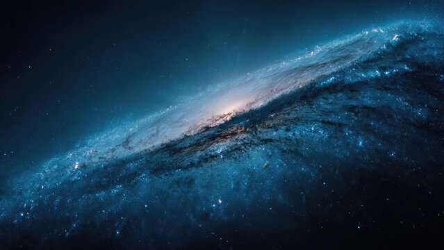 An edge-on spiral galaxy with a bright core and dusty, star-filled arms sweeping across a starry background. Concept Edge-on Spiral Galaxy, Bright Core, Dusty Spiral Arms, Starry Background
