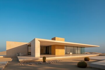Desert modern house with cacti and clear blue sky architecture