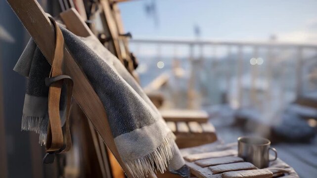 On a rooftop deck, skis and goggles hang from a metal hook, the skis' bindings iced over from recent use, surfaces beaded with melting snow, and the goggles' strap dangling, foam padding damp. A