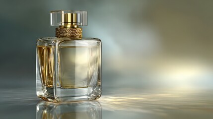 Elegant glass perfume bottle with golden accents on a soft blurred background, capturing a sense of luxury and sophistication in product photography.