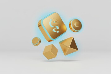 Golden geometric shapes with dollar sign and glowing blue light