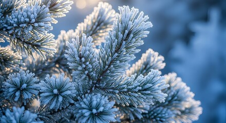 Frosty pine boughs glisten in cool winter light with a seasonal feeling
