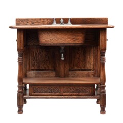 Antique carved wooden altar table with intricate details and brass accents