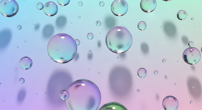 Iridescent bubbles float in a soft gradient of pastel colors, creating a dreamy, abstract background. - Powered by Adobe