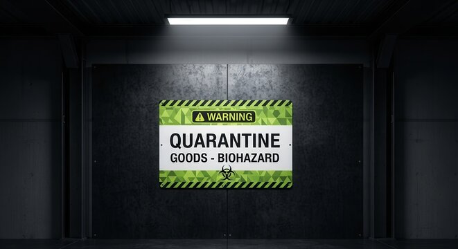 Quarantine Zone Notification Signage Illuminated in a Dark, Industrial Environment