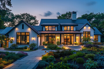 Luxurious modern farmhouse at dusk with an elegant metal roof and inviting front yard garden. Soft lighting enhances the architectural lines and tranquil evening mood.