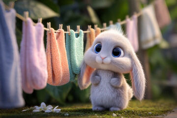 Baby Bunny Hanging Laundry Outdoors