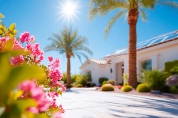 Fototapeta premium Ultra realistic Modern Solar Panels Installed on a Las Vegas Nevada Home Under a Clear Blue Sunny Sky