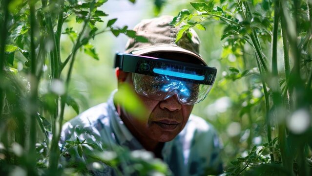 A farmer wearing futuristic augmented reality goggles examines tomato plants in a sunlit green field. Concept Farmer with AR goggles, Tomato plants, Augmented reality farming, Sunny green field