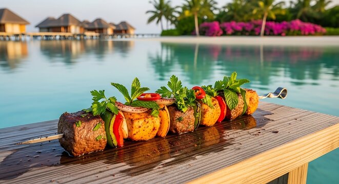Delicious kabob with vibrant vegetables served poolside at a tropical resort - Powered by Adobe