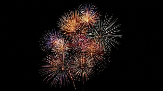 Colorful fireworks bursting in the dark night sky. Concept Night Sky Fireworks, Colorful Explosions, Dark Sky Drama, Long Exposure Effects, Festive Glow