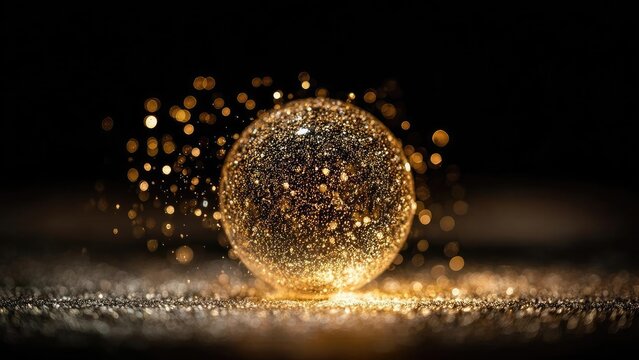 A golden glittering orb filled with tiny sparkles resting on a dark, reflective surface. Concept Golden glittering orb, Orb filled with tiny sparkles, Dark reflective surface, Luxurious still life - Powered by Adobe