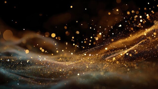 Abstract golden glitter with swirling sparks and bokeh orbs on a dark background. Concept Golden glitter abstract, Swirling sparks, Bokeh orbs, Dark background, Glamorous shimmer