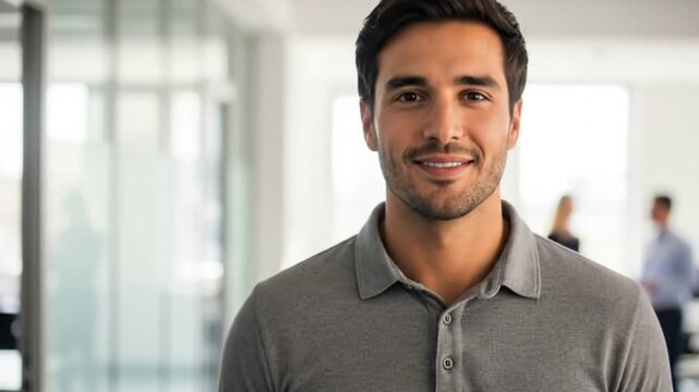A portrait of a happy young businessman in a polo shirt smiling confidently in a bright modern office. This footage is perfect for a positive startup culture