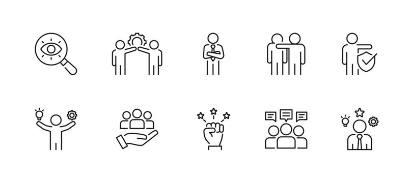 Leadership icon set containing vision, teamwork, confidence, support, integrity, skills, responsibility, motivation, communication and competence vector icons.