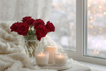 Romantic Red Roses and Candles by Window