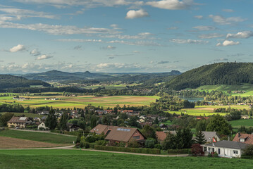 Scenic view of Hegau volcanoes Hohenhewen, Hohenstoffeln and Hohentwiel from Thurgau Switzerland